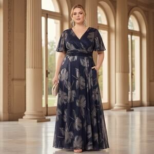 Betsy & Adam 20W Blue Silver Metallic V‑Neck Flutter Sleeve Dress NWT A25417W